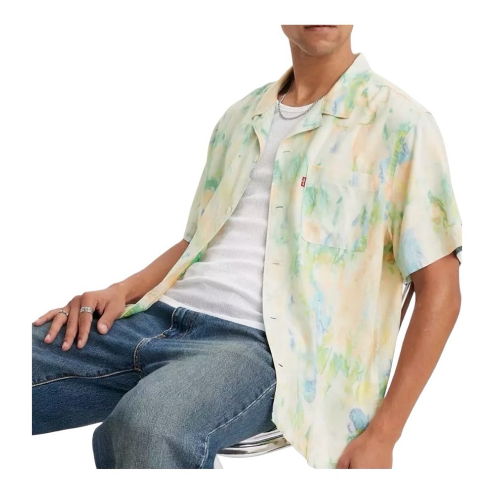 Levi's Men’s Size Small Tie Dye Surfer Button Up Camp Shirt White Blue Green